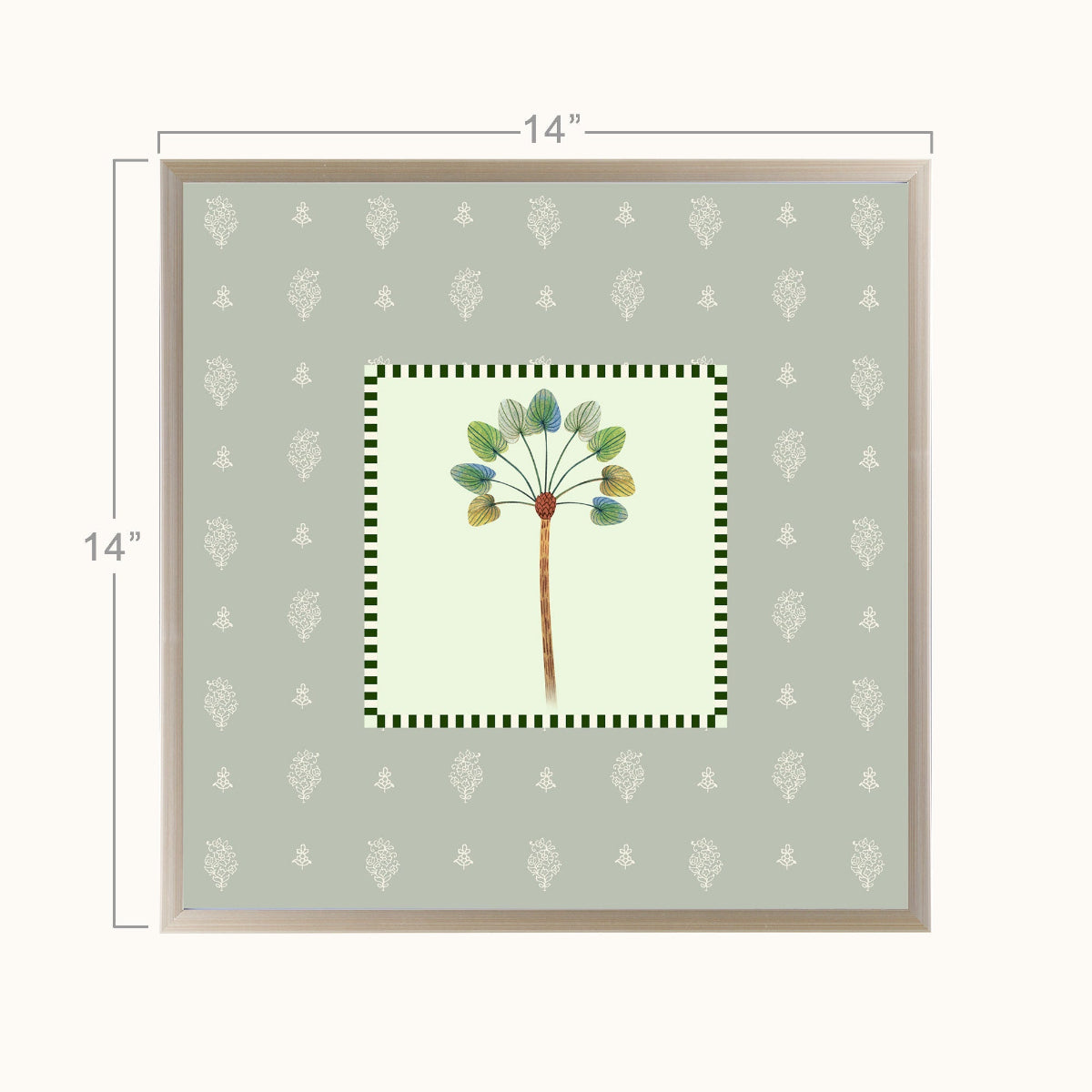 A square framed art with a botanical illustration of a dandelion-like plant in the center, surrounded by a sage green patterned mat and a light wood frame. The image includes dimension markers showing 14 inches on each side.