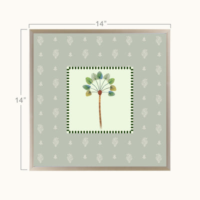 A square framed art with a botanical illustration of a dandelion-like plant in the center, surrounded by a sage green patterned mat and a light wood frame. The image includes dimension markers showing 14 inches on each side.