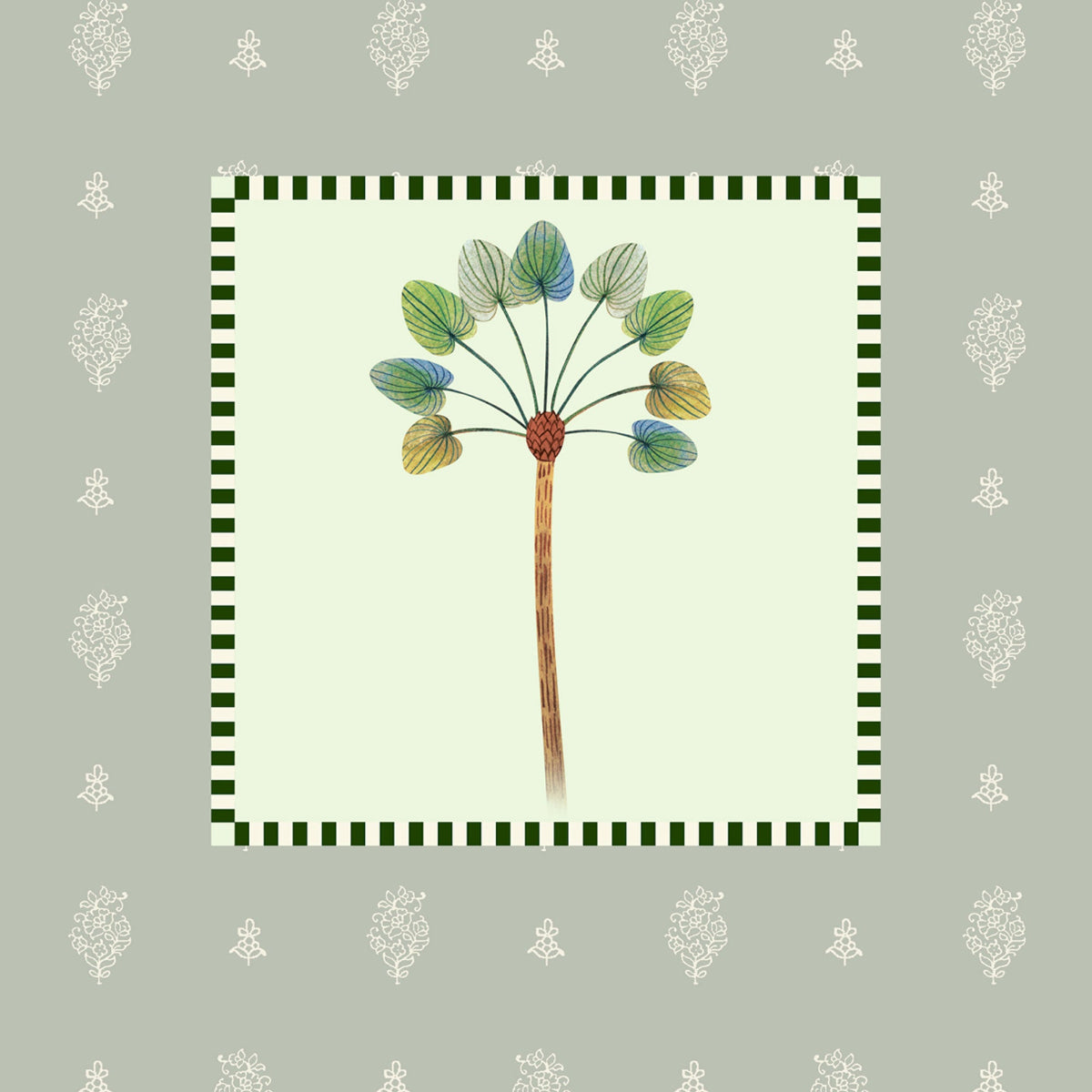A botanical art featuring a stylized illustration of a plant with green, blue, and yellow leaves on a light cream background, framed by a dark green and white checkered border. The print is centered on a sage green background patterned with white damask motifs.