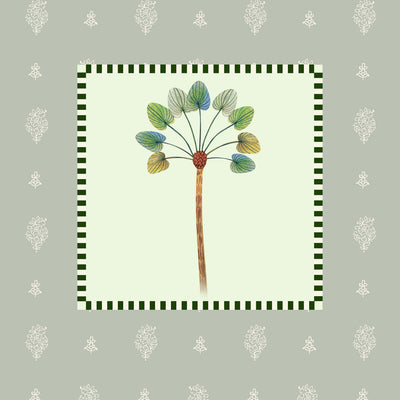 A botanical art featuring a stylized illustration of a plant with green, blue, and yellow leaves on a light cream background, framed by a dark green and white checkered border. The print is centered on a sage green background patterned with white damask motifs.