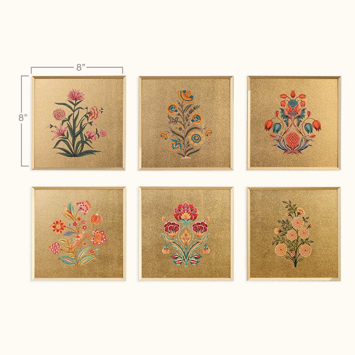 Six botanical wall art frames featuring varied floral motifs in pink, red, blue, orange and green