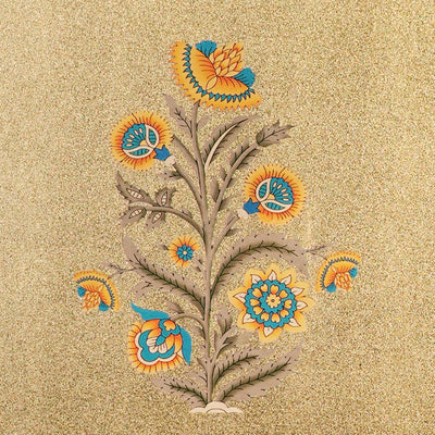 Close-up of colourful floral illustrations featuring flowers and foliage on golden backgrounds