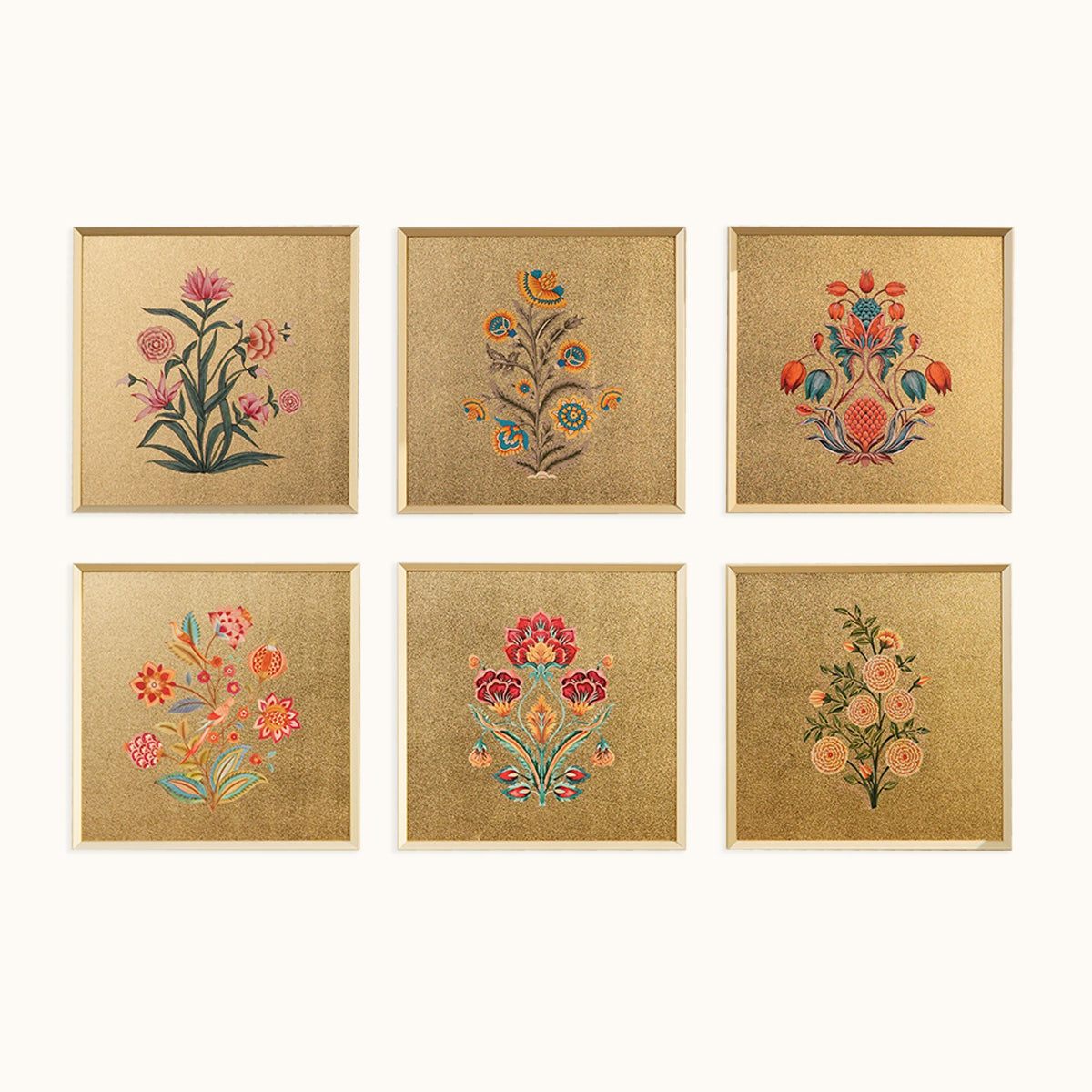 Vasanta Blooms floral wall art set of six displayed above an accent chair