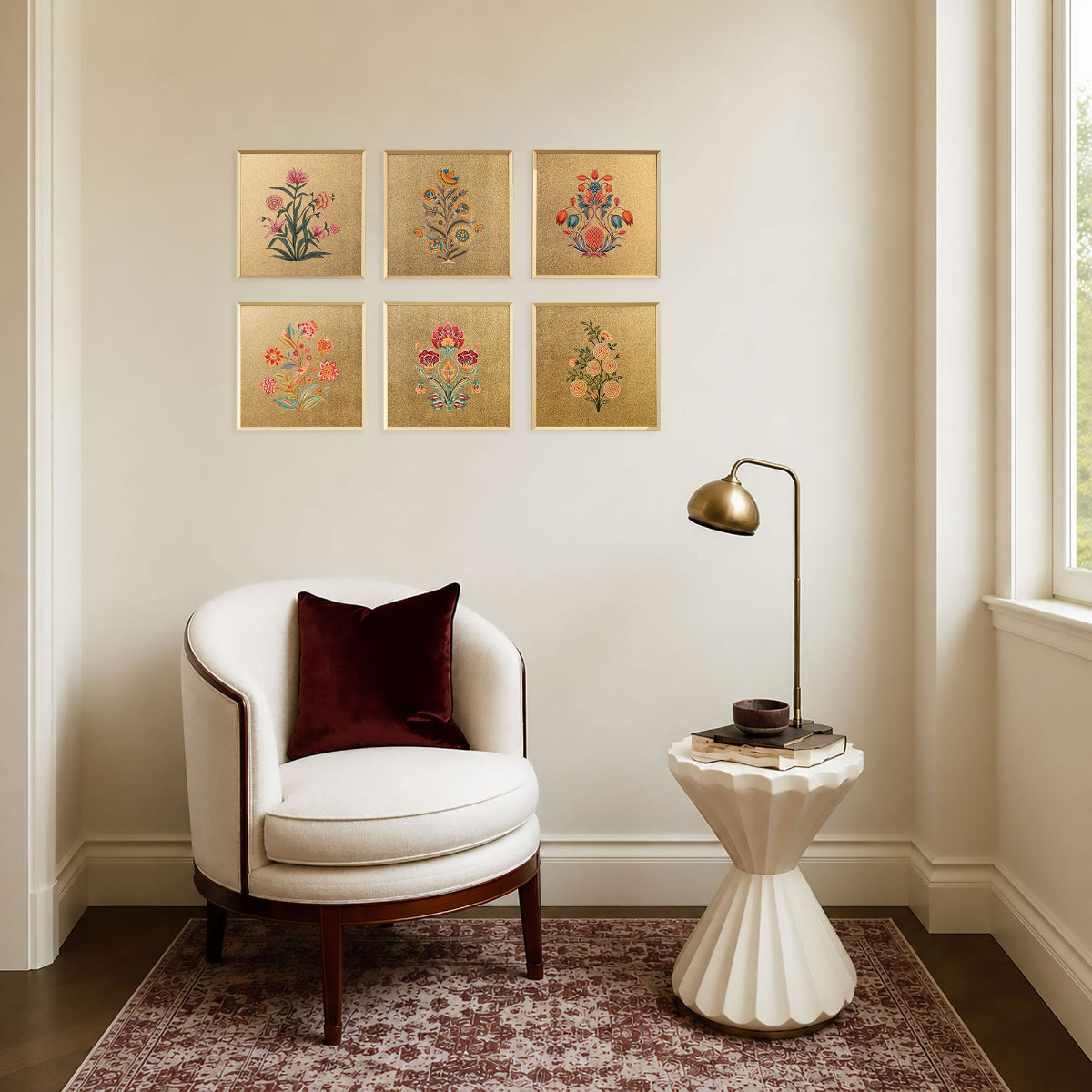 Vasanta Blooms floral wall art set of six displayed above an accent chair
