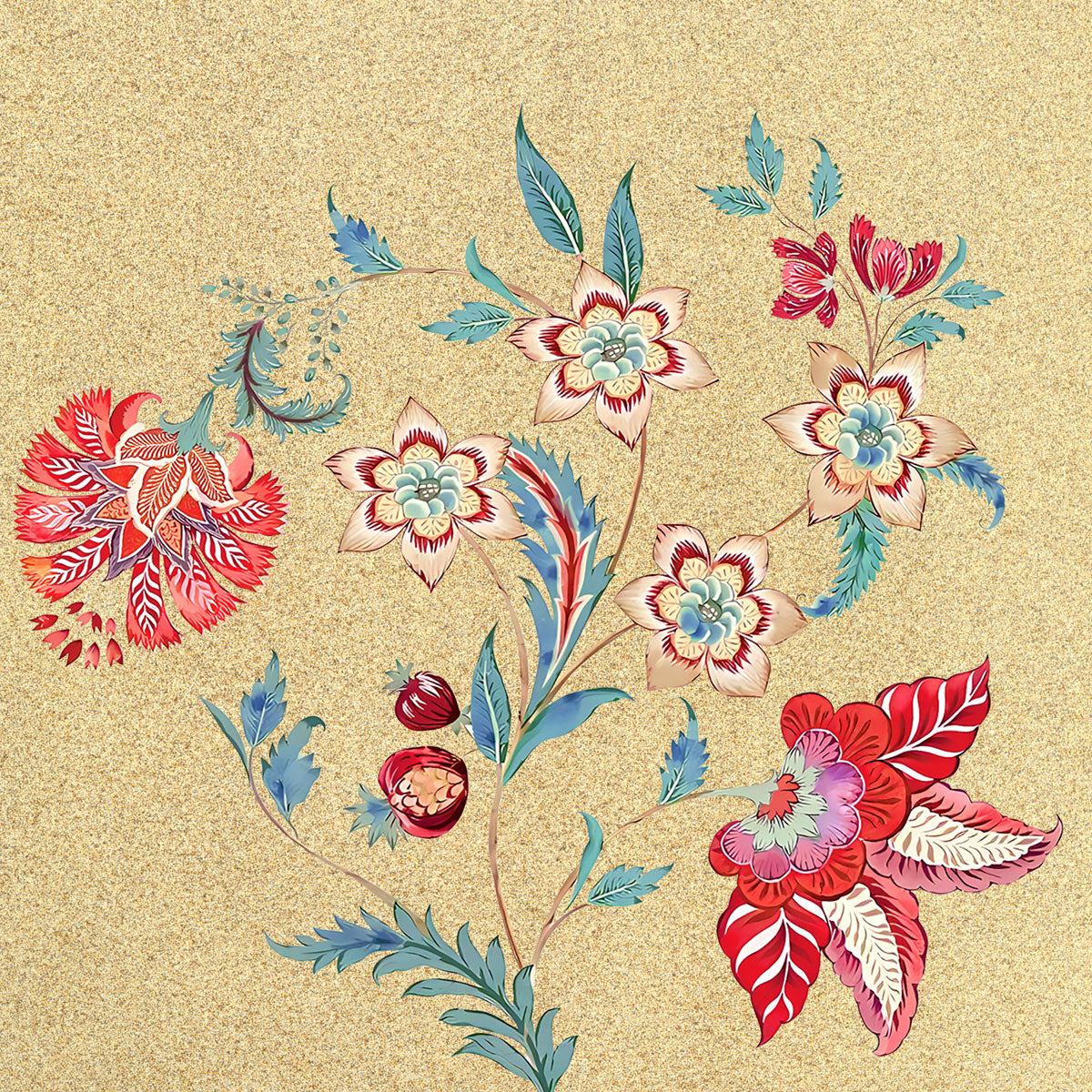 Traditional floral composition featuring red and cream flowers with blue-green foliage on a golden background